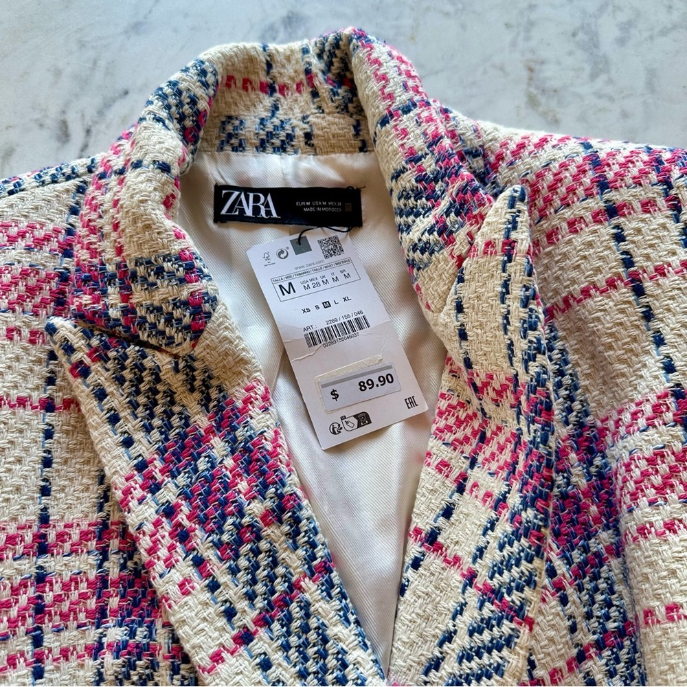 Zara blue, pink and cream plaid tweed double breasted blazer. NWT size M - Picture 5 of 10
